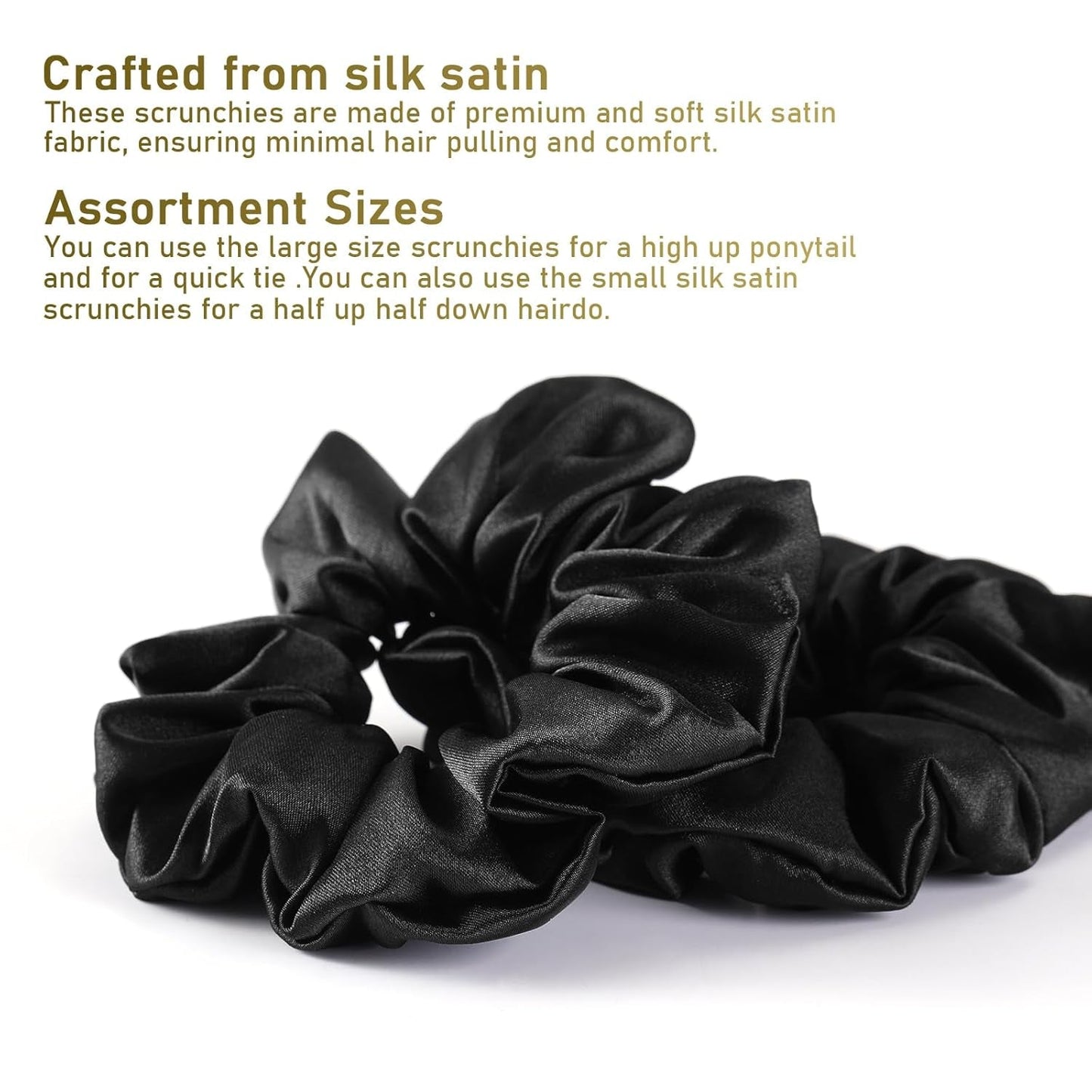 6 Pack Satin Scrunchies - Assorted Sizes, Soft and Stylish Hair Scrunchies and Bands for Women and Girls, Black - WORLD TIME VISITS