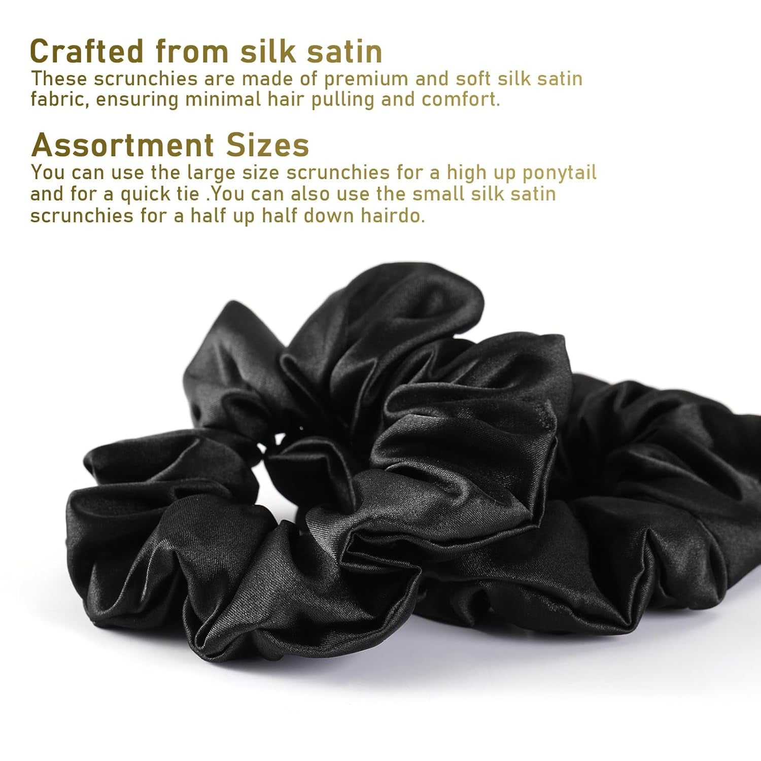 6 Pack Satin Scrunchies - Assorted Sizes, Soft and Stylish Hair Scrunchies and Bands for Women and Girls, Black - WORLD TIME VISITS