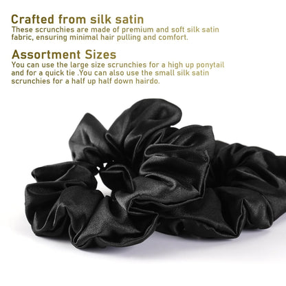 6 Pack Satin Scrunchies - Assorted Sizes, Soft and Stylish Hair Scrunchies and Bands for Women and Girls, Black - WORLD TIME VISITS