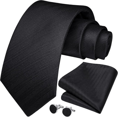 Mens Solid Ties Formal Business Woven Tie and Pocket Square Cufflinks Set Classic Silk Satin Necktie Wedding