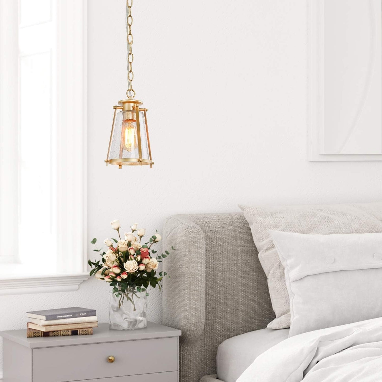 Gold Pendant Lighting for Kitchen Island, Hanging Brass Light Fixtures with Seeded Glass for Dining Room, Foyer