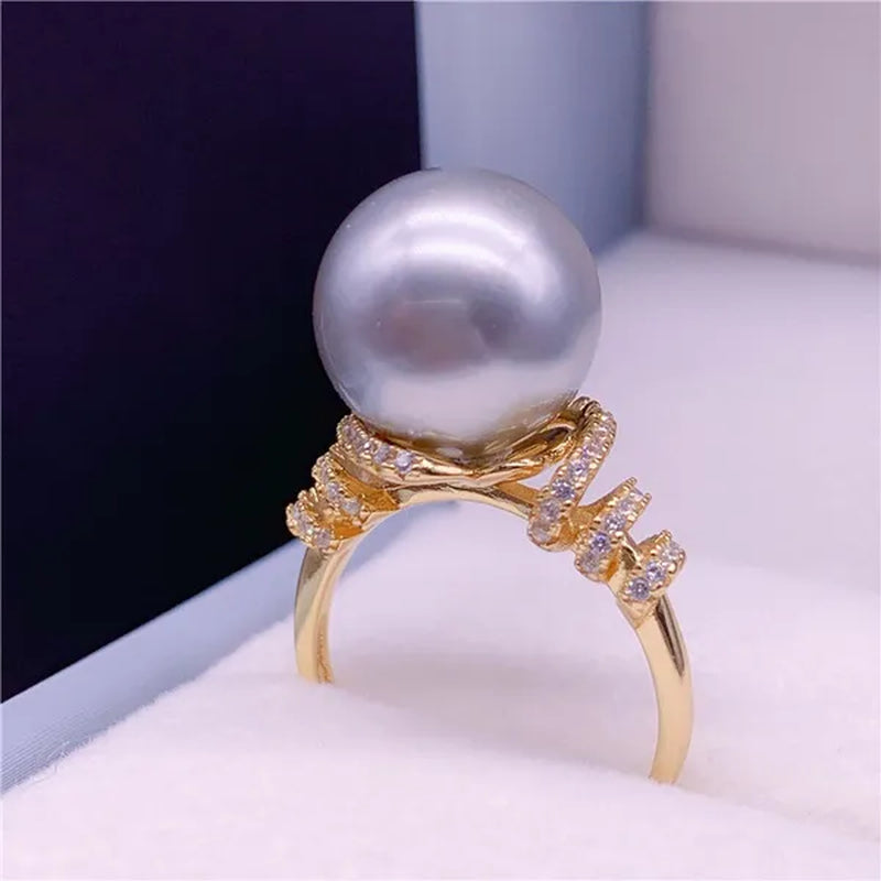 Natural South Sea Gold Pearl Powder Seawater Pearl Ring 925 Sterling Silver Diamond Pearl Ring Round Open Ring