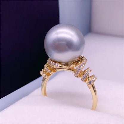 Natural South Sea Gold Pearl Powder Seawater Pearl Ring 925 Sterling Silver Diamond Pearl Ring Round Open Ring