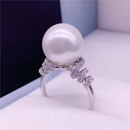 Natural South Sea Gold Pearl Powder Seawater Pearl Ring 925 Sterling Silver Diamond Pearl Ring Round Open Ring