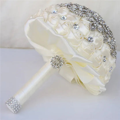 21CM Creative Handmade Diamond Flower Brooch Bouquet Ribbon Silk Rose Wedding Flower Bridal Bouquet Bridesmaid Holding Flowers