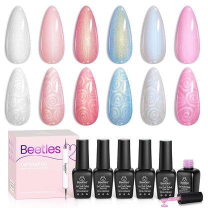 Beetles Pearl Gel Nail Polish 6 Colors Shimmer Glitter White Pink Blue Nail Polish Mermaid Gel Soak off Uv Led Spring Summer Gel Polish Swirl Thread Effect DIY Manicure Art Gift for Women