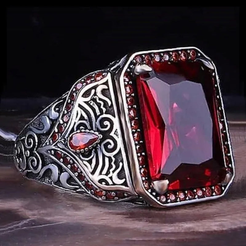 Ring Men's Retro Ethnic Texture Inlaid Large Grain Sapphire, Ruby, Black Gem, Emerald Ring, Domineering Fashion Jewelry Accessories, Father's Day Boyfriend Memorial Day Gift, Party Business Casual Jewelry - WORLD TIME VISITS