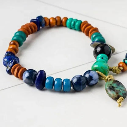 Ethnic Bohemian Tassel Handmade Beaded Bracelet Vintage Natural Gemstone Lapis & Turquoise & Obsidian & Wooden Bead Bangle Bracelets for Women and Men Couple Exquisite Wedding Engagement Christmas Jewelry Gift
