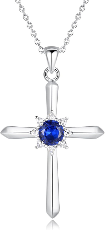 Birthstone Cross Necklace for Women Sterling Silver Birthstone Necklace Halo Infinity Cross Pendant Necklace Fine Jewelry Valentines Day Gifts Birthday Holiday Gifts for Her, 16"+2" Inches - WORLD TIME VISITS