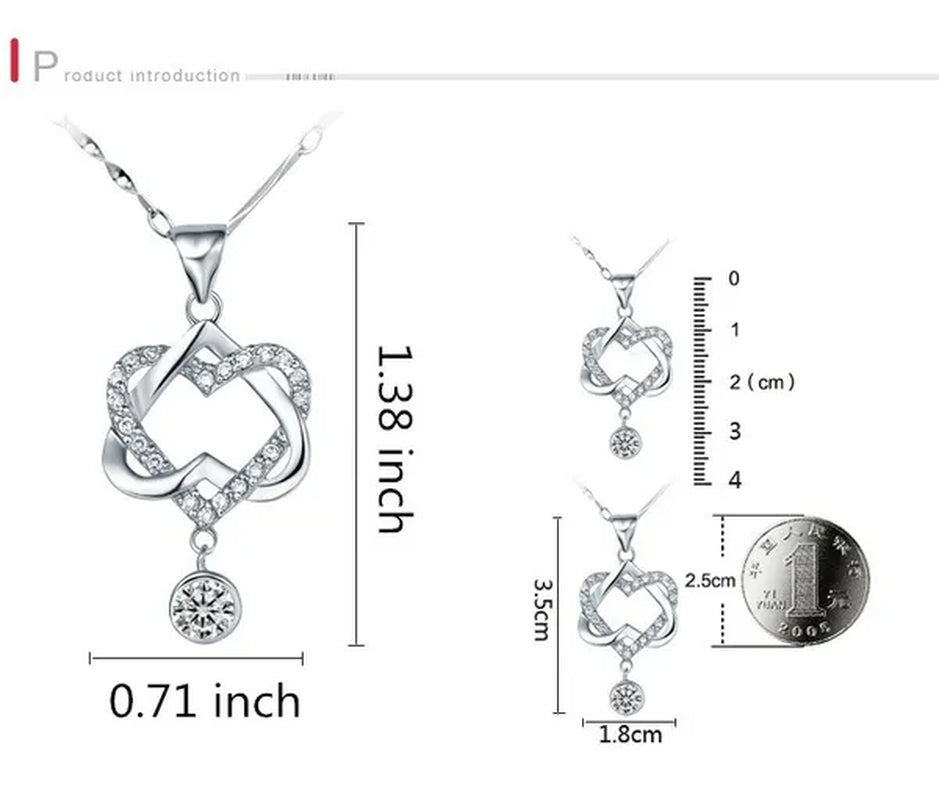 New Fashion 925 Silver  Women Double Heart Diamond Pendant Chain Necklace Jewelry Gifts for Love(Pendant and Chain)