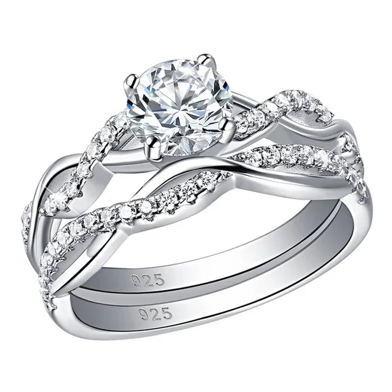 Newshe 2 Pcs 925 Sterling Silver Twist Cross Rings Wedding Engagement Ring Sets for Women AAAAA Cubic Zirconia Jewelry QR7628