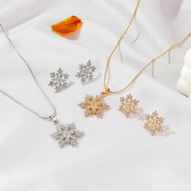 Elegant Crystal Snowflake Earrings Necklace Set Temperament Ladies Zirconia Snowflake Jewelry Accessories