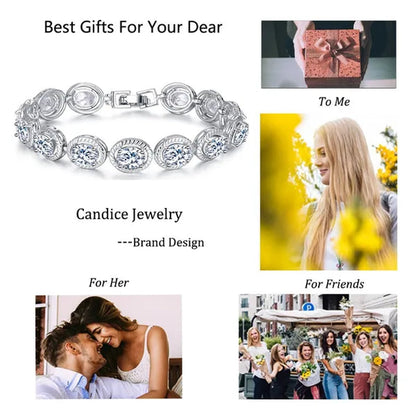 CANDICE Luxury Quality Oval Blue Crystal Women Strand Bracelet Bangles Setting Stylish Silver Plating CZ Hand Jewelry for Lady Anniversary Birthday Gifts