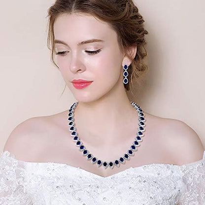 Women'S Silver-Tone Full Prong Cubic Zirconia Teardrop Bridal Necklace Earrings Set