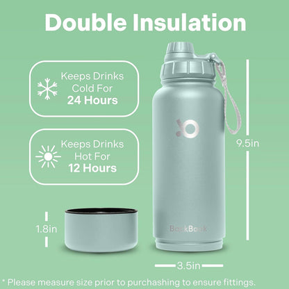 32 Oz Insulated Sports Water Bottle with 8 Oz Storage Compartment, Double Wall Leak Proof Stainless Steel Bottle with 2 Lids for Sports and Travel, Cold and Hot Drinks, Bpa-Free - Green