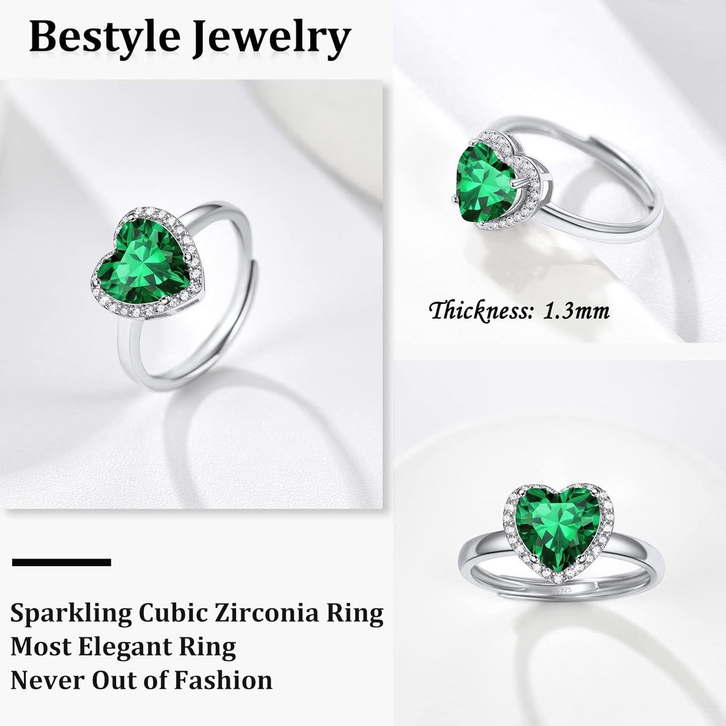 925 Sterling Silver Birthstone Rings for Women Girls with Clear 2Ct Heart/Round/Teardrop/Square Crystal, Solitaire Diamond Halo Open Bands Cubic Zirconia Rings Adjustable Size#6-#12