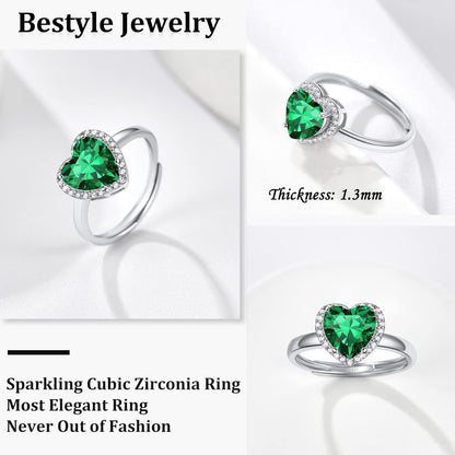 925 Sterling Silver Birthstone Rings for Women Girls with Clear 2Ct Heart/Round/Teardrop/Square Crystal, Solitaire Diamond Halo Open Bands Cubic Zirconia Rings Adjustable Size#6-#12