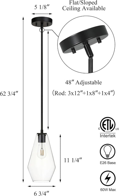 Glass Pendant Lighting, Modern 1 Light Kitchen Pendant Light Fixture Black Adjustable Pendant Lamp XB-P1228-MB