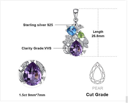 Flower Genuine Amethyst Peridot Blue Topaz Pendant Necklace for Women, Multicolor 925 Sterling Silver Necklaces, Natural Gemstone Jewelry Sets 18 Inches Chain
