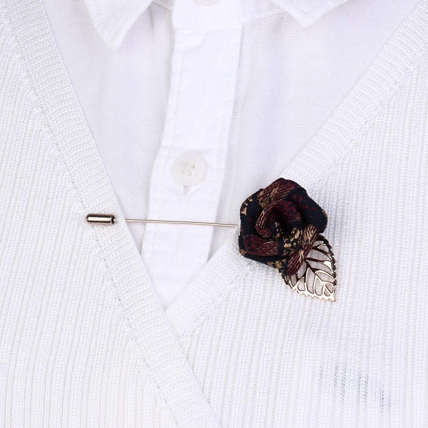 Unisex Vintage Rose Flower Brooch Pin Floral Lapel Boutonniere Pins Suit Lapel Shirt Collar with Hanging Chain