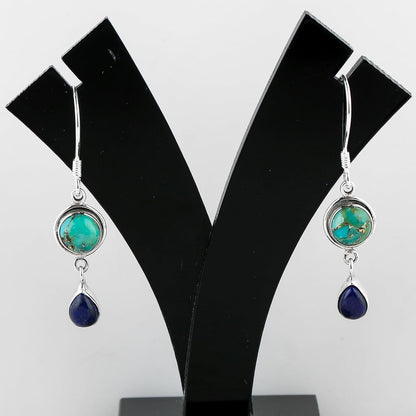 Turquoise & Lapis Lazuli Gemstone Earrings | 925 Sterling Silver Jewelry | Artiasn Crafted Handmade Jewelry | Stunning Drop Design | Healing Crystals | Perfact Gift for Women