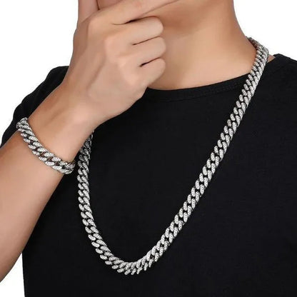 A Set(Bracelet+Necklace) 13MM Width Cuban Link Chain Gold Silver Plated Bling Miami Cuban Necklace Bracelet Diamond Chain for Fashion Men and Women Iced Out Hip Hop Jewelry Set