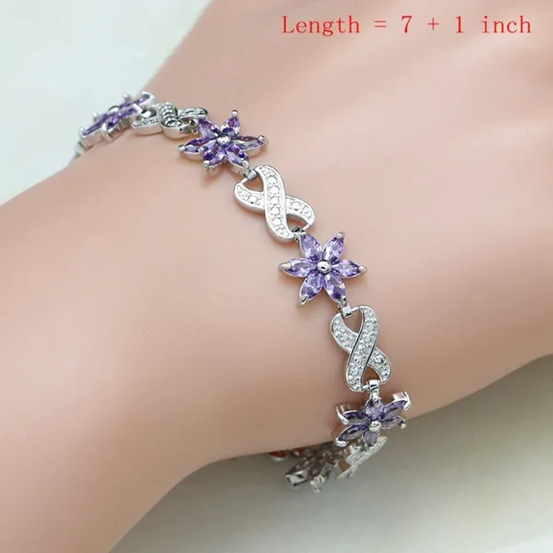 Natural 925 Silver Jewelry Sets Purple Amethyst White Crystal Decoration For Women Earrings/Pendant/ Rings/Bracelet/Necklace Set - WORLD TIME VISITS