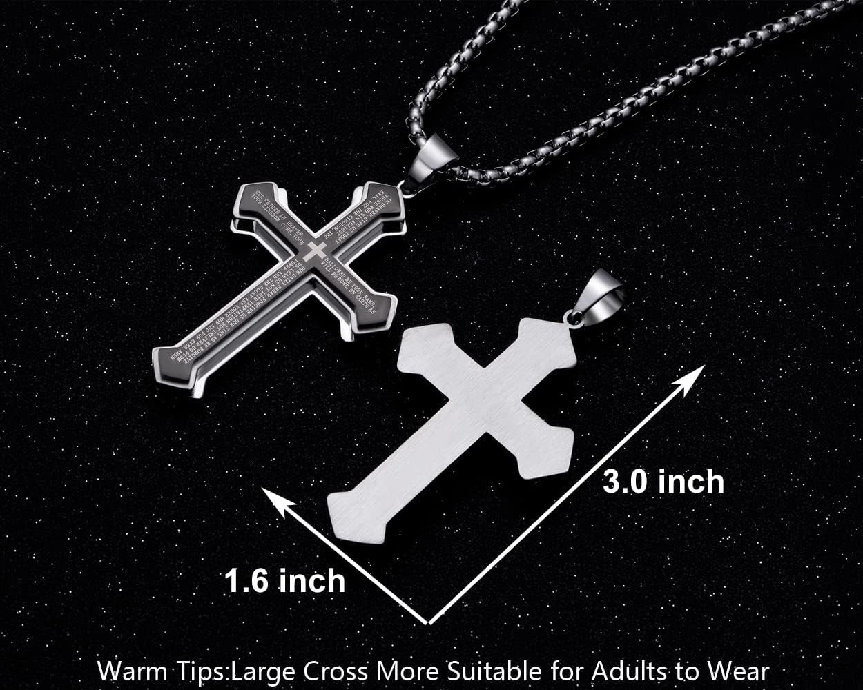 Men'S Stainless Steel Nail Lord'S Prayer Cross Pendant Necklace for Men Women Big Pendant and Strong Chain 24"