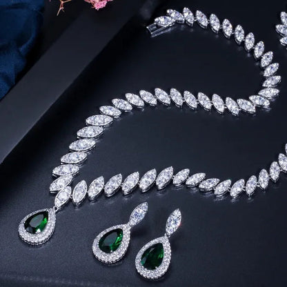 Gloriya Gorgeous Platinum Plated Party Jewelry Paved Indian Red Cubic Zirconia Crystal Big Tear Drop Necklace Earrings Set for Female Evening