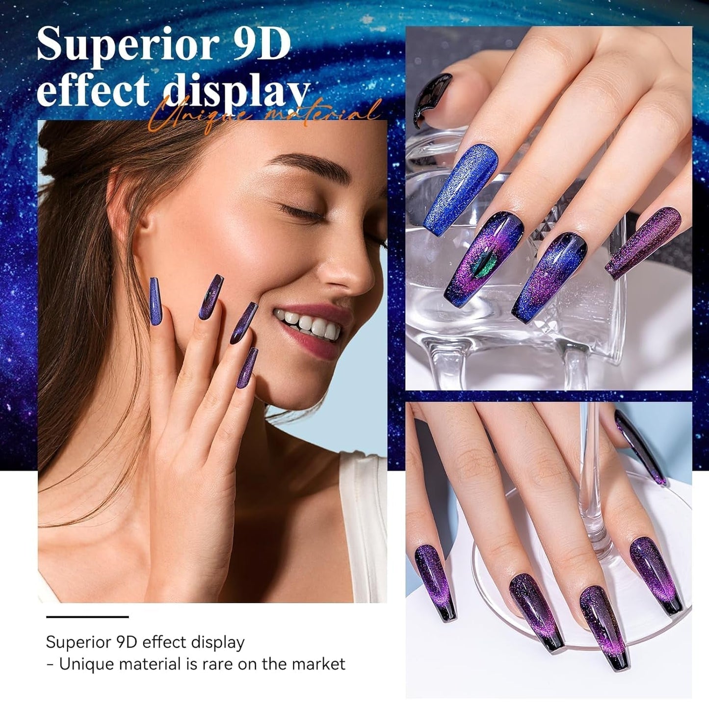9D Cat Eye Gel Nail Polish, Magnetic Cat Eye Gel Polish Set, 10Ml*6 with 2 Magnets, Classic Colors Chameleon Magic Galaxy Effect Soak off Nail Art - Sparkle Stunning Gel Polish Gift for Women
