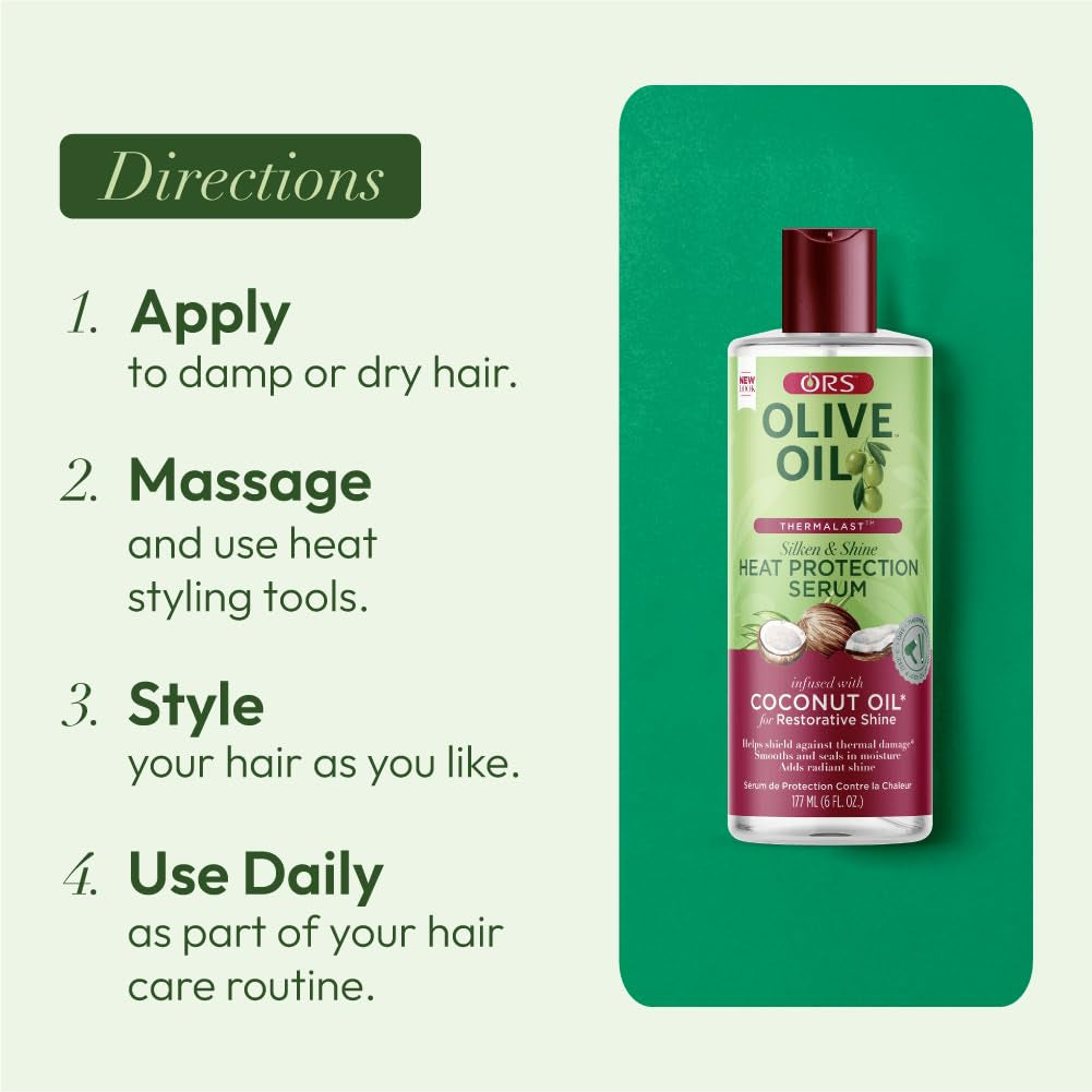 Olive Oil Heat Protection Hair Serum Infused with Coconut Oil for Restorative Shine - 6 Ounces (Pack of 1)