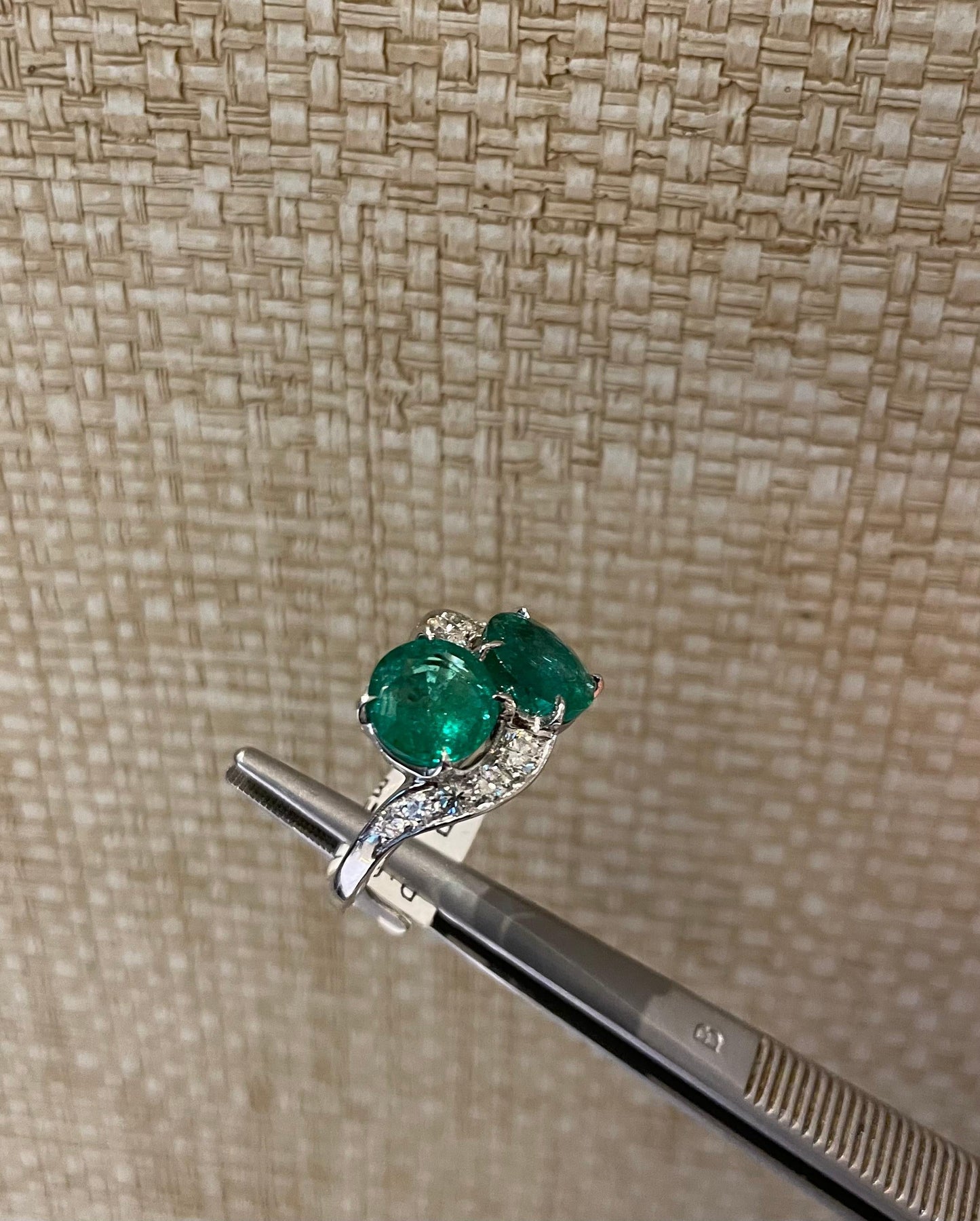 Vintage 1950s Platinum Emerald and Diamond Cluster Cocktail Ring