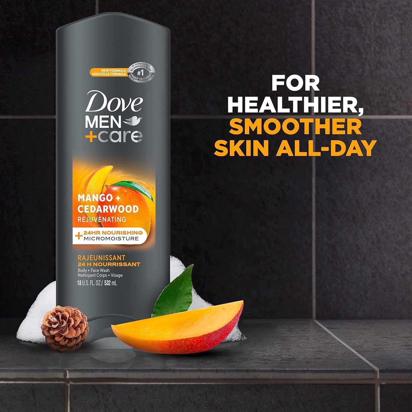 Body Wash Rejuvenating Mango + Cedarwood 4 Count for Men with 24-Hour Nourishing Micromoisture Technology 18 Oz