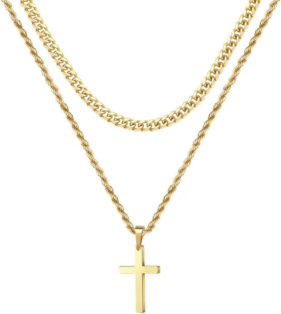 Valentines Gifts for Him - 18K Gold Plated Cross Necklaces Chain for Men Boys Gifts, Silver Rope Chain Layered Necklace Jewelry 16 18 20 22 24 Inch - WORLD TIME VISITS