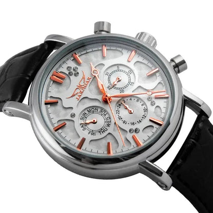 JARAGAR Automatic Mechanical Genuine Leather Strap Wrist Watch Luxury Gift for Men Fashion White Crystal Diamond Jewelry Accessories - WORLD TIME VISITS