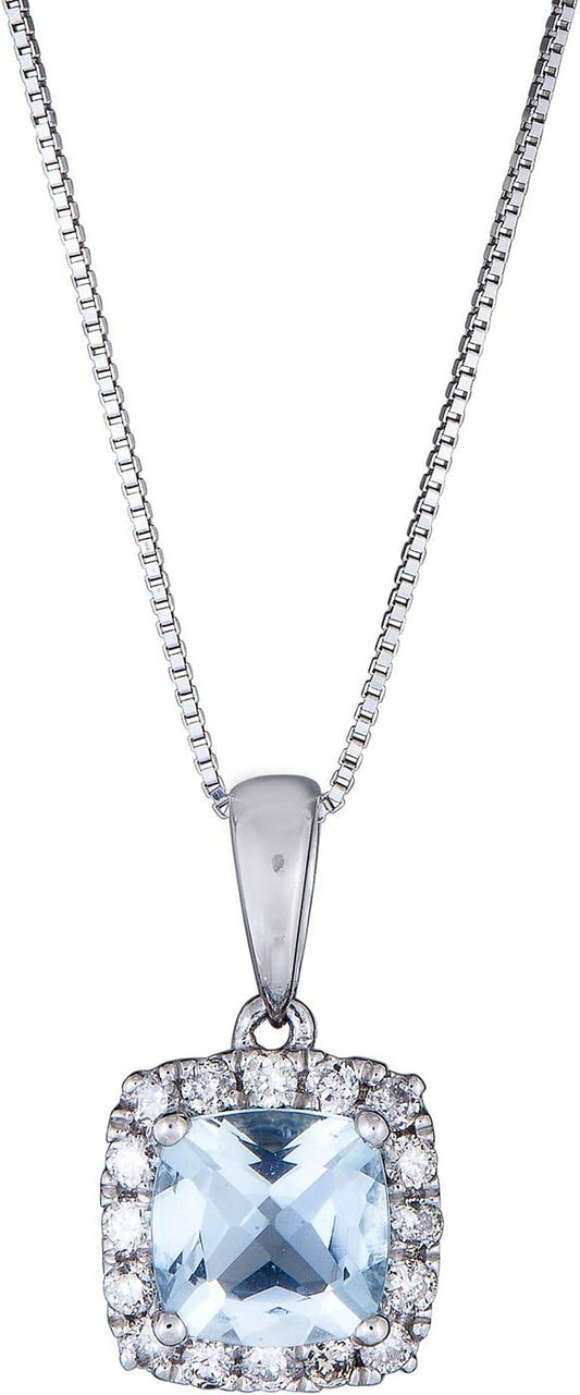 Women'S 10K White Gold Genuine Aquamarine Pendant with Diamonds (Cushion-Cut) Shaped (GJ16156P-AQ)