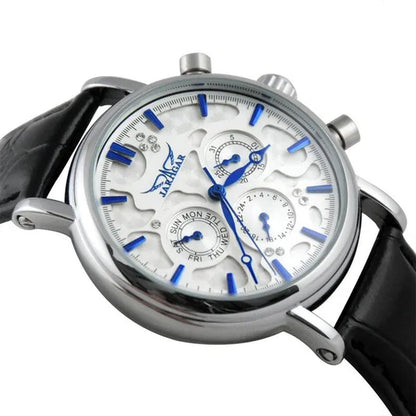 JARAGAR Automatic Mechanical Genuine Leather Strap Wrist Watch Luxury Gift for Men Fashion White Crystal Diamond Jewelry Accessories