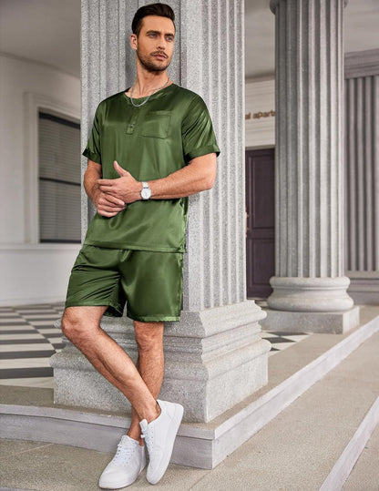 Men Satin Pajamas Set 2 Piece Silk Sleepwear Shorts Button down Tops Loungewear with Pockets
