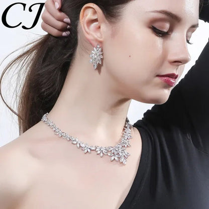 CANDICE High Quality White Gold Plated Wedding Jewelry Set Pave Luxury CZ Stone African Nigerian Big Flower Dangle Earrings Necklace for Bride