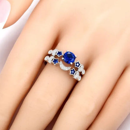 Romantic Moon and Stars Engagement Ring Set 925 Sterling Silver CZ Blue Sapphire Diamond Promise Rings Fashion Cocktail Party Jewelry Bridal Wedding Band Size 6-10