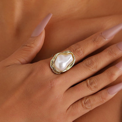 Irregular Pearl Adjustable Ring for Women, Gold Index Finger Ring Jewelry Vintage Chunky Ring