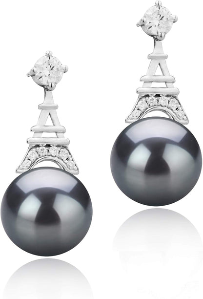 Eiffer-Tower Black 8-9Mm AAAA Quality Freshwater 925 Sterling Silver Cultured Pearl Earring Pair