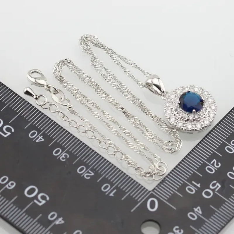 Blue White Topaz Silver Color Jewelry Sets for Women Engagement Necklace Pendant Bracelets Earrings Rings Gift Box