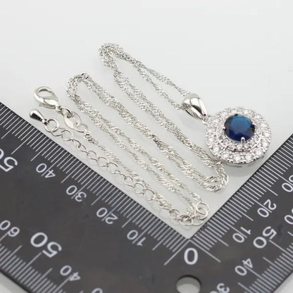 Blue White Topaz Silver Color Jewelry Sets for Women Engagement Necklace Pendant Bracelets Earrings Rings Gift Box