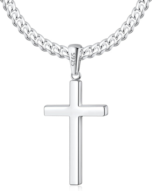 S925 Sterling Silver Thick Cross Necklace for Men, 18K Gold Plated Sterling Silver Cross Necklace with World'S Top 4Mm Cuban Chain for Men Boys Women, Minimalist Trendy Necklaces 16-26 Inch - WORLD TIME VISITS