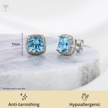 Gemstone and Diamond Accent Halo Cushion Cut Stud Earrings for Women in 925 Sterling Silver 7Mm Birthstone with Push Backs by