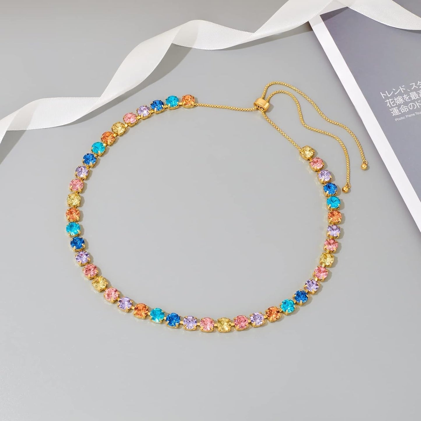 Slider Gold Necklace for Women Adjustable Length Necklace Set with Cubic Zirconia Rhinestone Crystal Long Pendant Choker Necklace