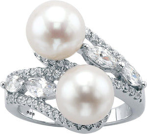 Palmbeach Jewelry Gold-Plated or Sterling Silver round Genuine Cultured Freshwater Pearl with Marquise Cubic Zirconia Bypass Ring