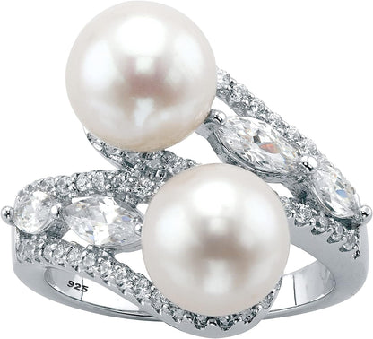Palmbeach Jewelry Gold-Plated or Sterling Silver round Genuine Cultured Freshwater Pearl with Marquise Cubic Zirconia Bypass Ring
