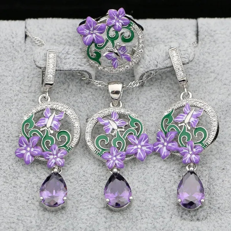 Purple Amethyst Silver 925 Jewelry Sets Charm Enamel Butterfly Flower Earrings Women Handmade Decoration Jewellry